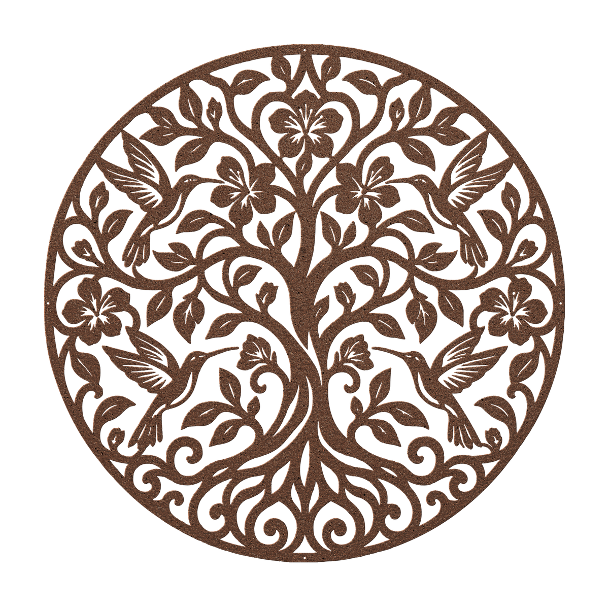 Hummingbird tree of life metal wall art in copper — floral botanical circle steel wall decor