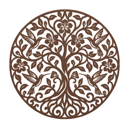 Hummingbird tree of life metal wall art in copper — floral botanical circle steel wall decor
