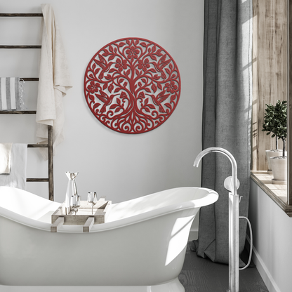 Red hummingbird tree of life metal wall art in a modern room — steel wall decor