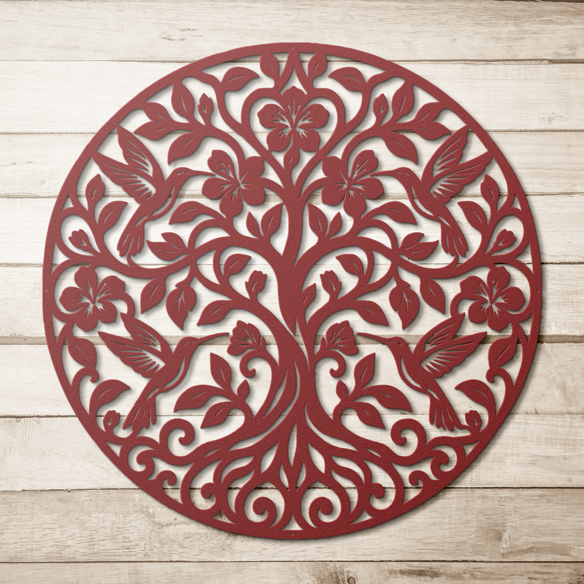 Red hummingbird tree of life metal wall art on a wood background — steel wall decor