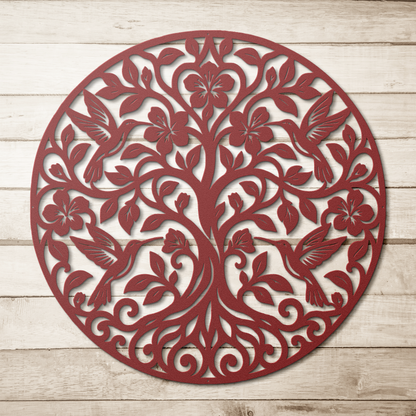 Red hummingbird tree of life metal wall art on a wood background — steel wall decor
