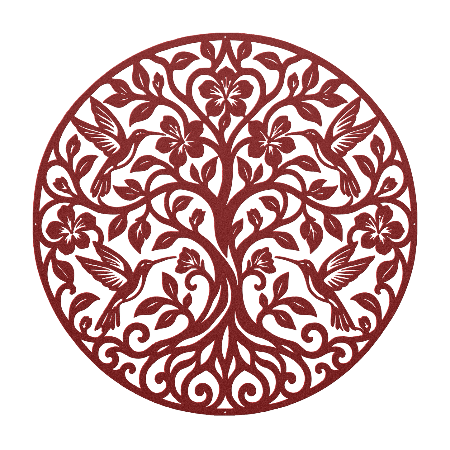 Hummingbird tree of life metal wall art in red — floral botanical circle steel wall decor