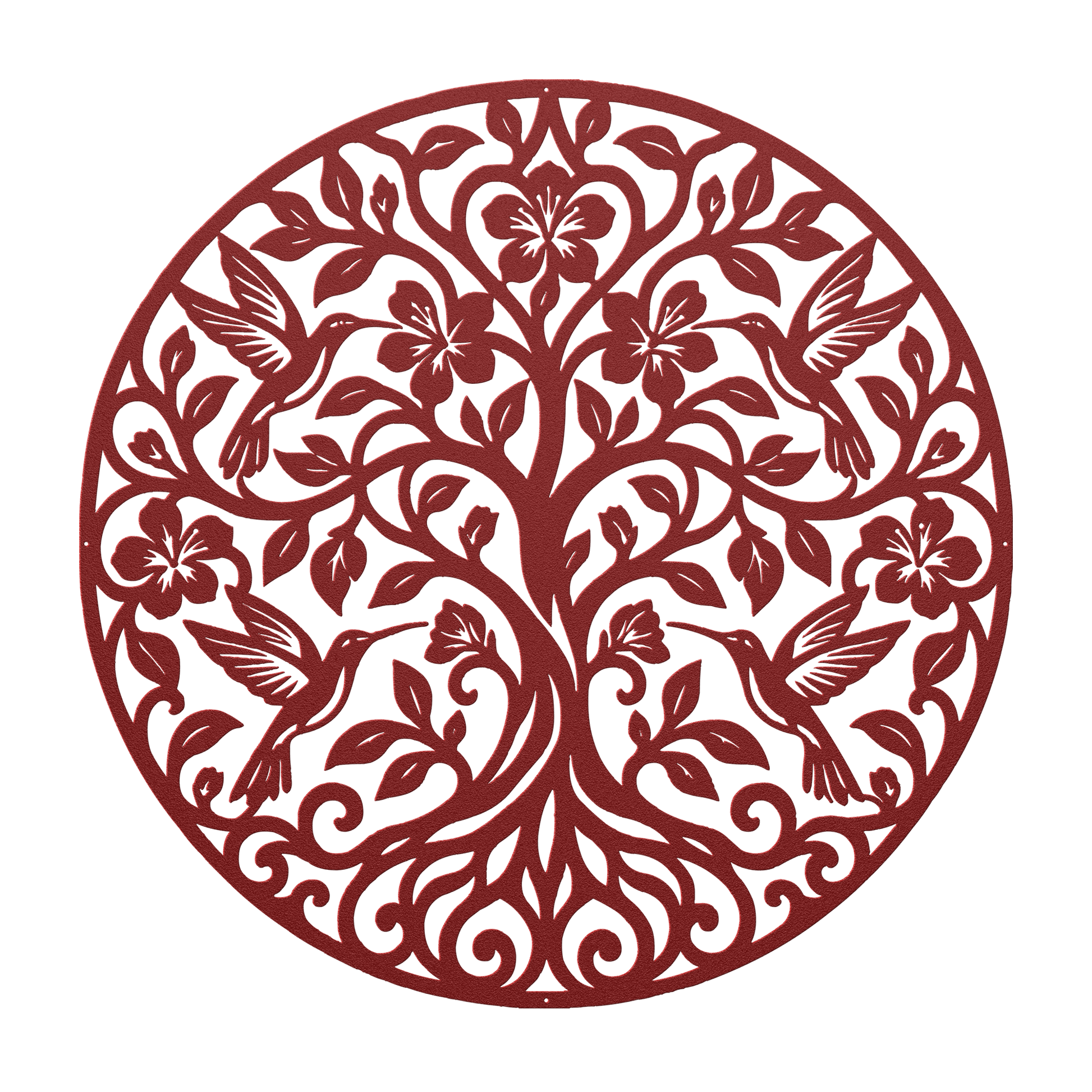 Hummingbird tree of life metal wall art in red — floral botanical circle steel wall decor
