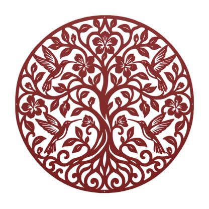 Hummingbird tree of life metal wall art in red — floral botanical circle steel wall decor
