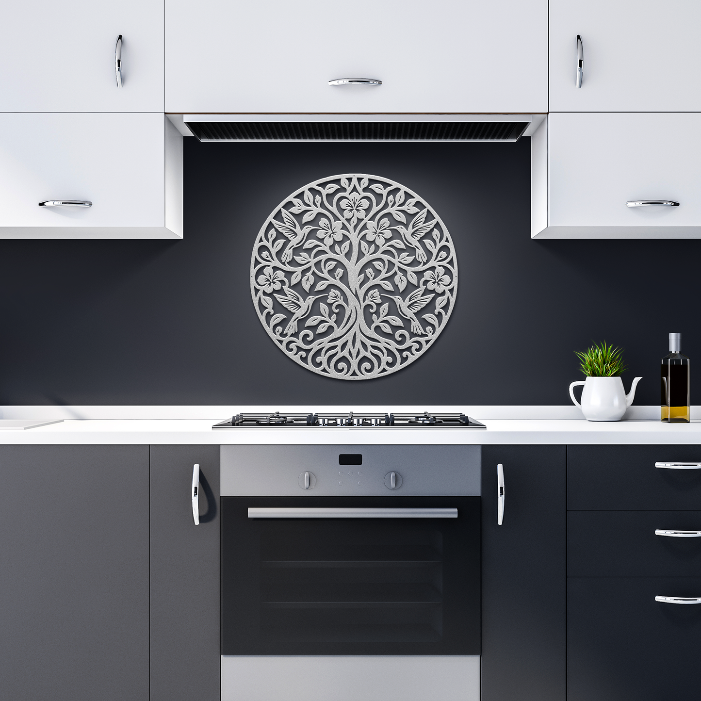 Silver hummingbird tree of life metal wall art in a dark kitchen — steel wall decor