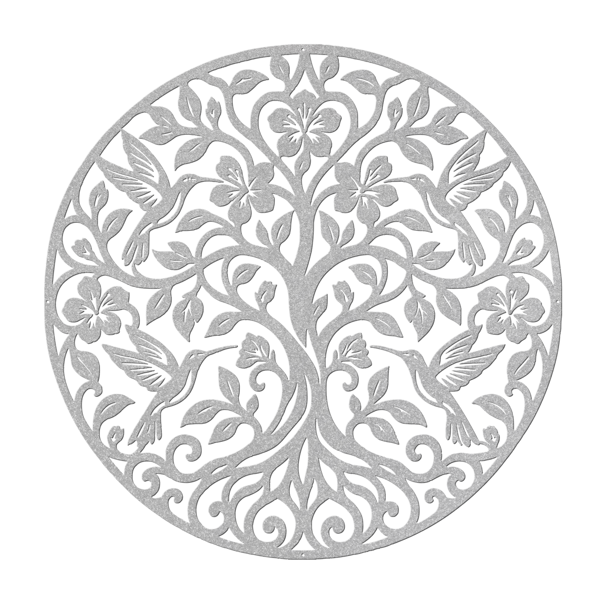 Hummingbird tree of life metal wall art in silver — floral botanical circle steel wall decor
