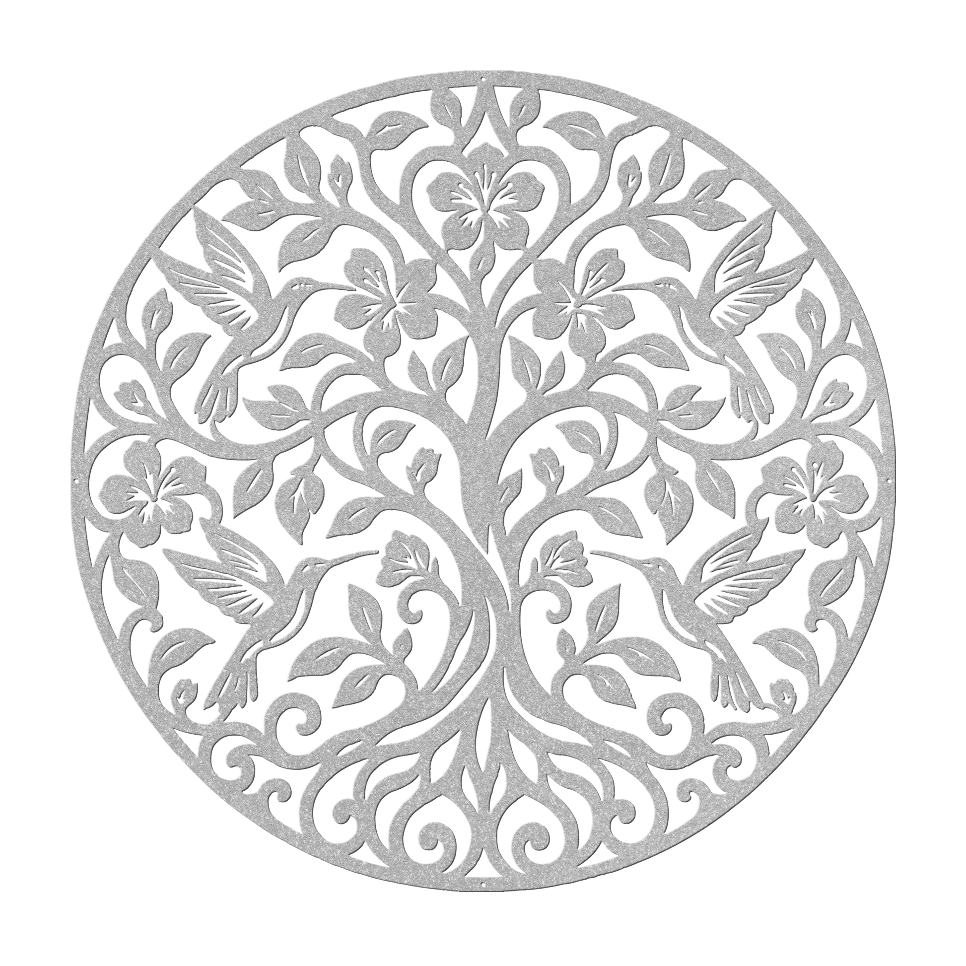 Hummingbird tree of life metal wall art in silver — floral botanical circle steel wall decor