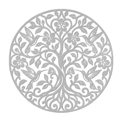Hummingbird tree of life metal wall art in silver — floral botanical circle steel wall decor