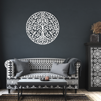 White hummingbird tree of life metal wall art in a living room — steel wall decor