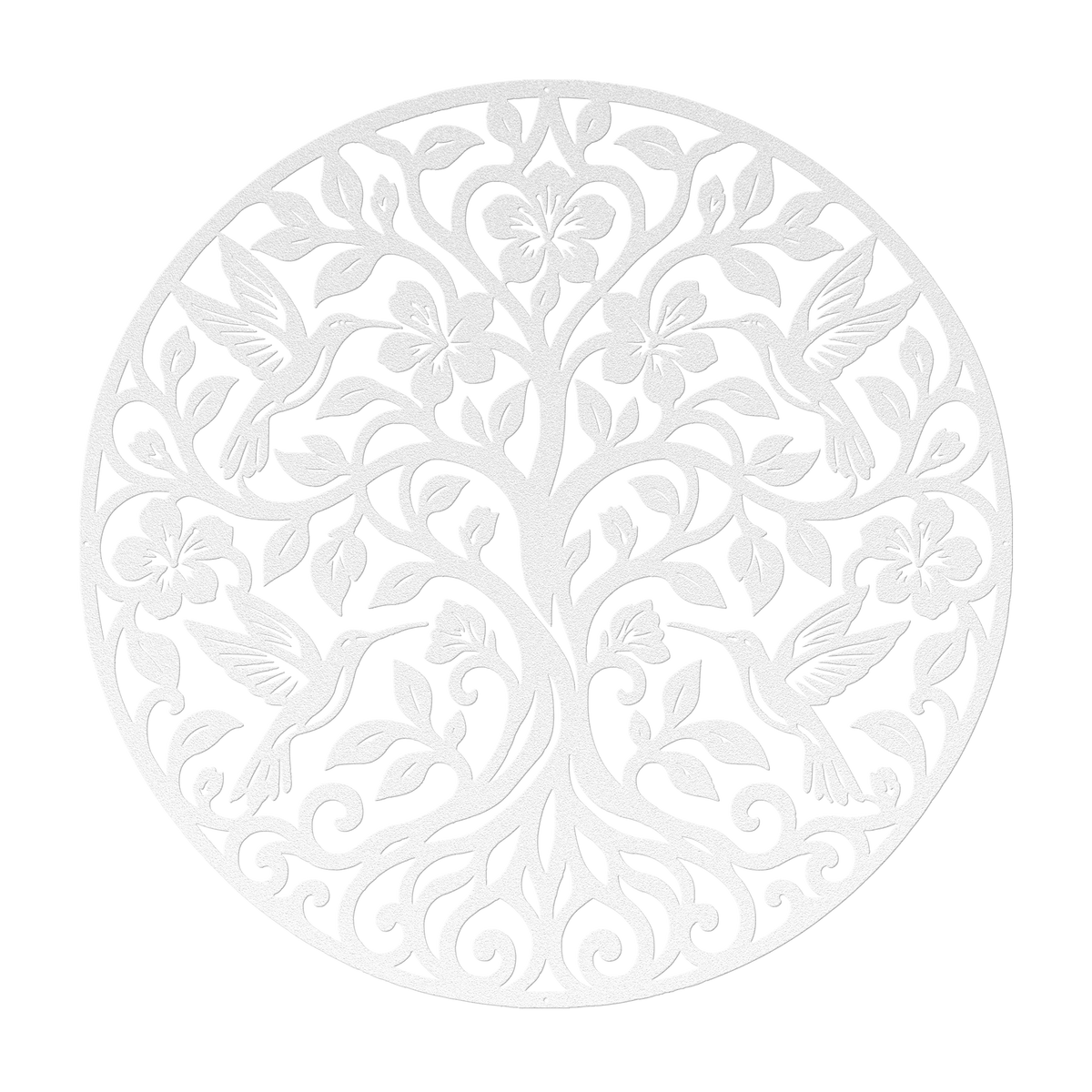 Hummingbird tree of life metal wall art in white — floral botanical circle steel wall decor