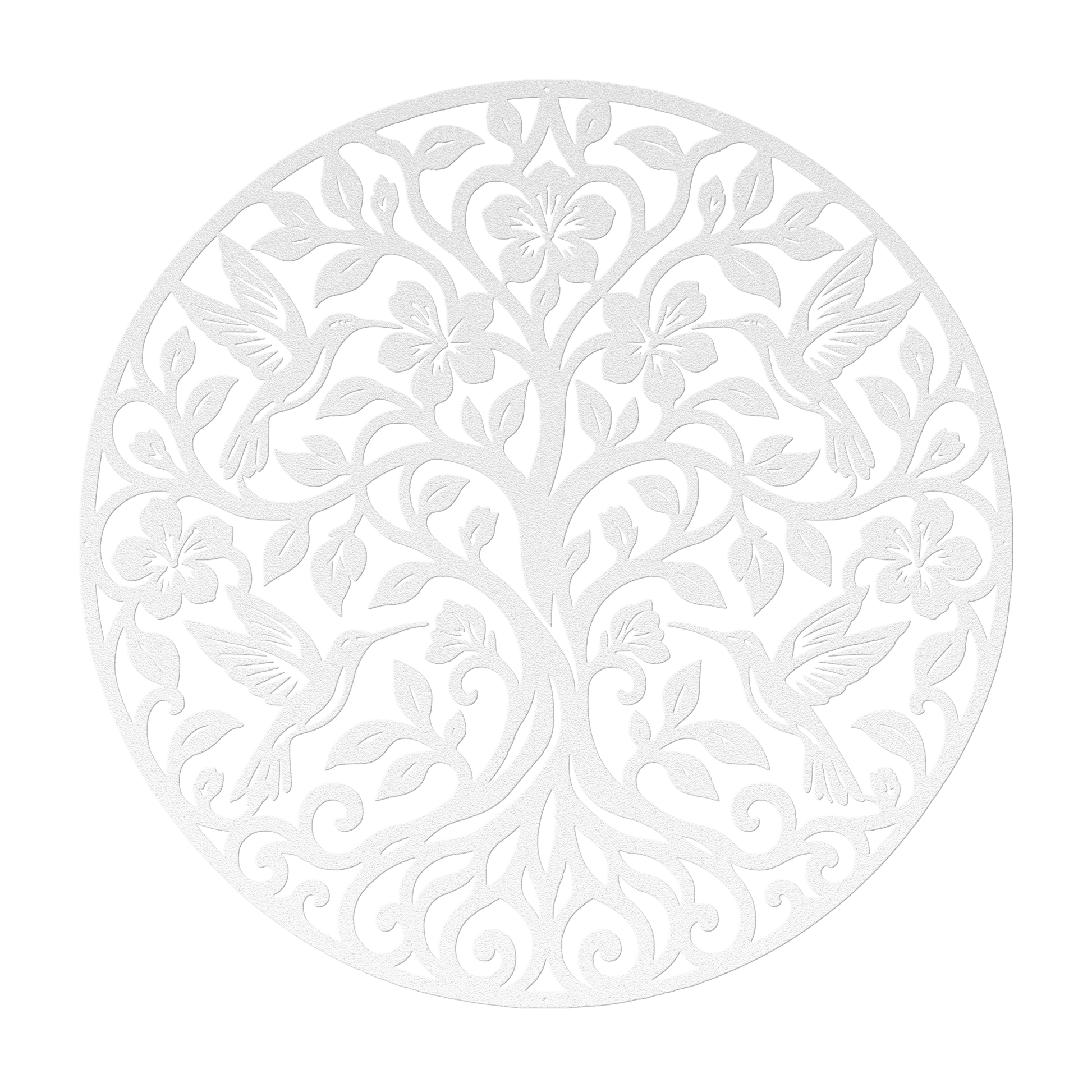 Hummingbird tree of life metal wall art in white — floral botanical circle steel wall decor