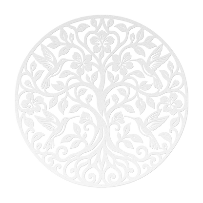 Hummingbird tree of life metal wall art in white — floral botanical circle steel wall decor