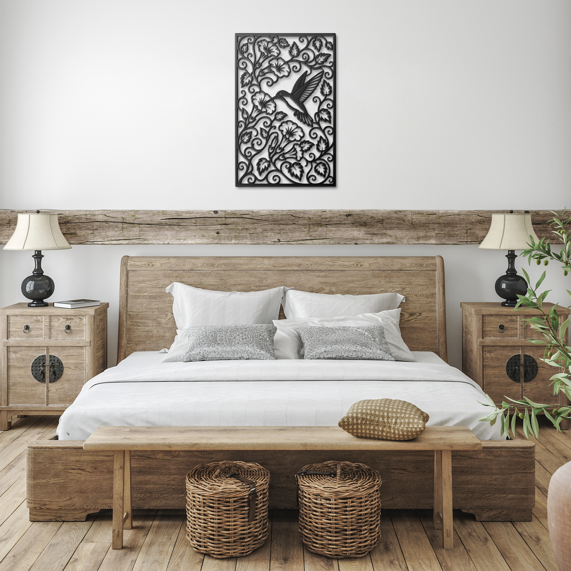 Black hummingbird trumpet flower metal wall art in farmhouse room — botanical garden wall decor