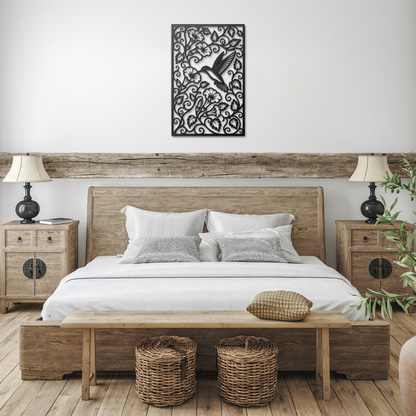 Black hummingbird trumpet flower metal wall art in farmhouse room — botanical garden wall decor
