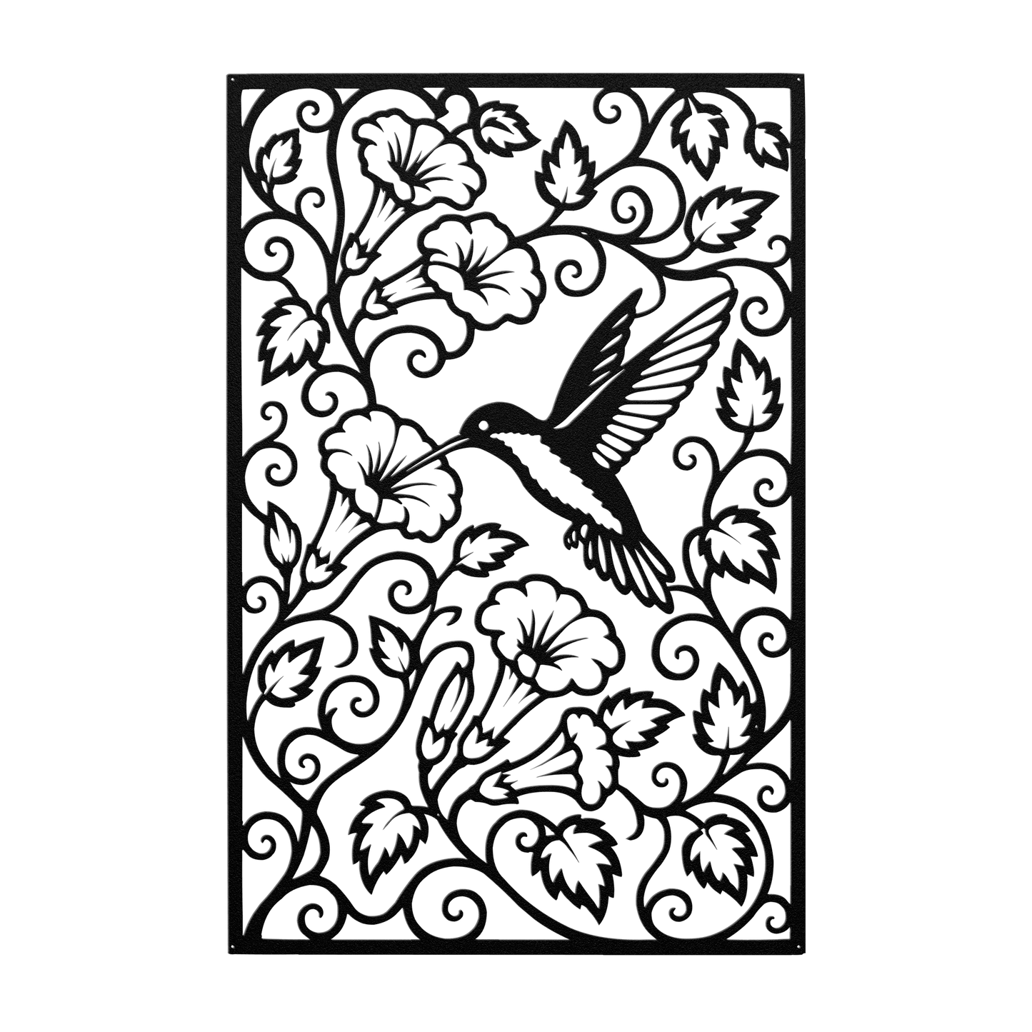Hummingbird trumpet flower metal wall art in black — intricate botanical garden panel decor
