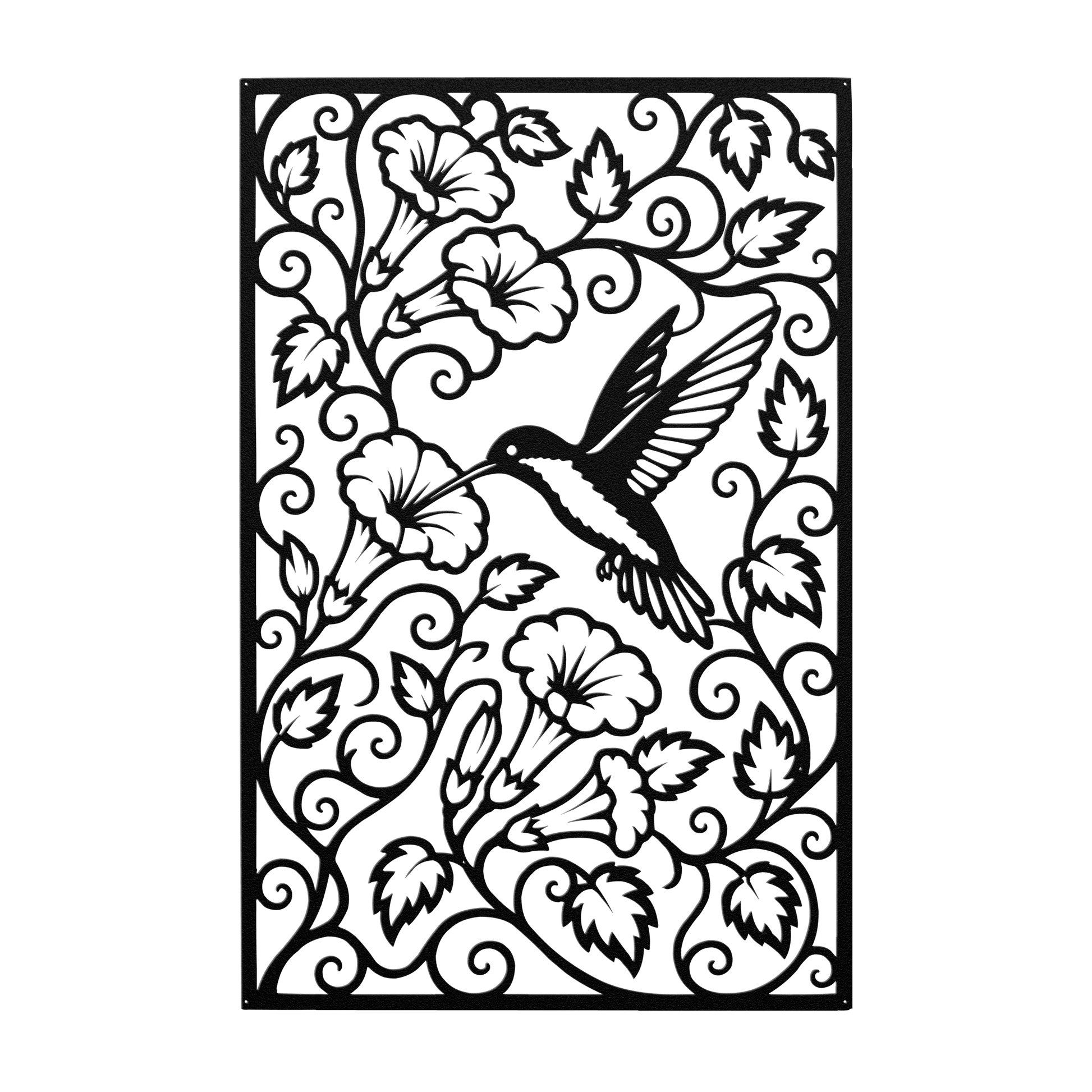 Hummingbird trumpet flower metal wall art in black — intricate botanical garden panel decor
