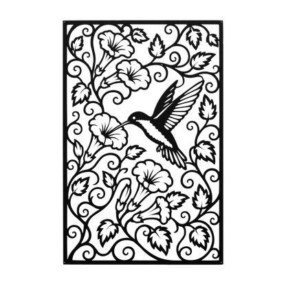 Hummingbird trumpet flower metal wall art in black — intricate botanical garden panel decor