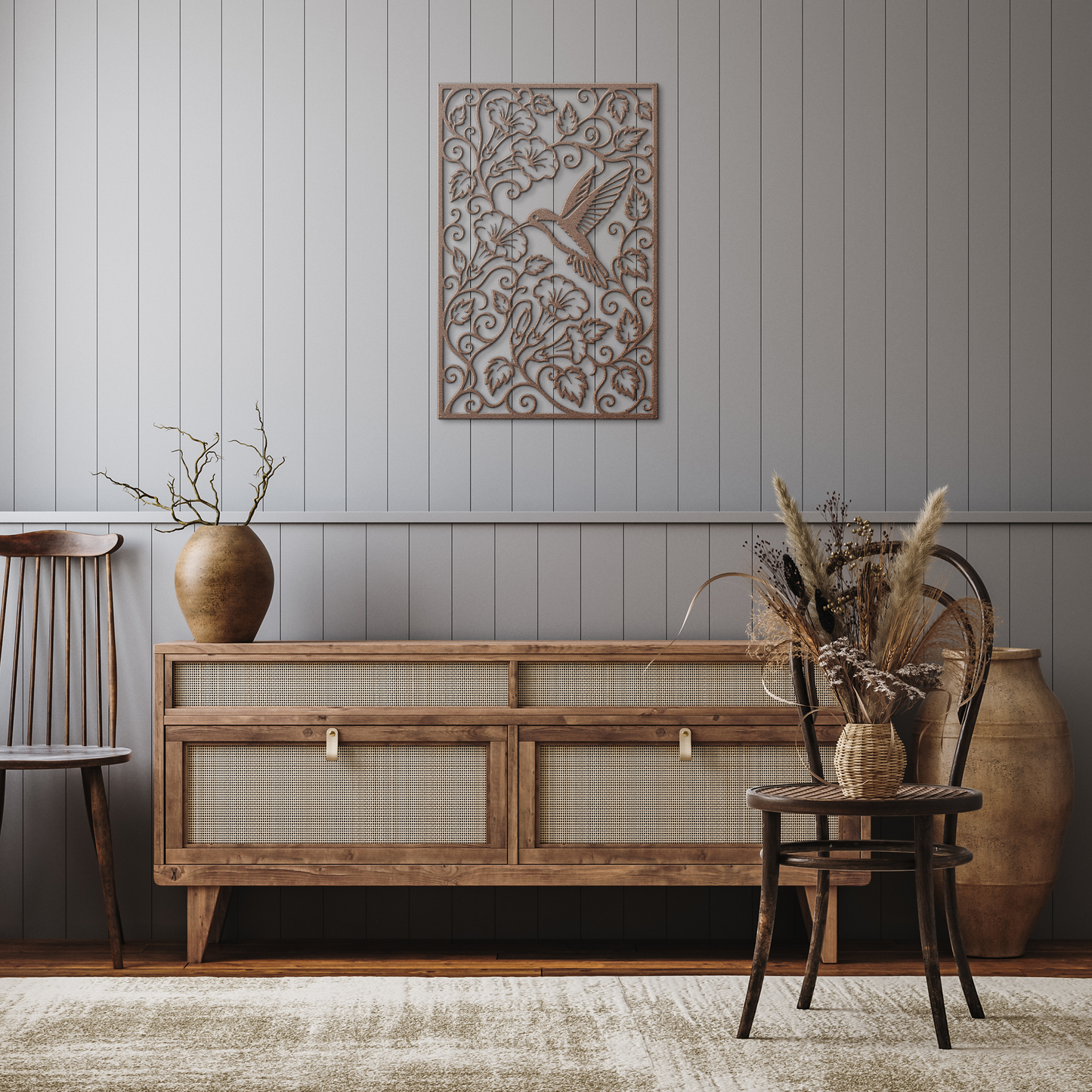 Copper hummingbird trumpet flower metal wall art in rustic hallway — botanical garden wall decor