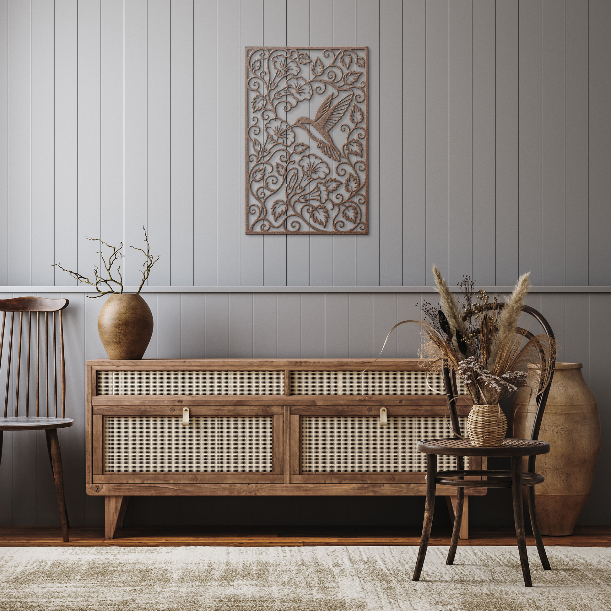 Copper hummingbird trumpet flower metal wall art in rustic hallway — botanical garden wall decor