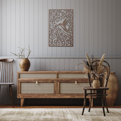 Copper hummingbird trumpet flower metal wall art in rustic hallway — botanical garden wall decor