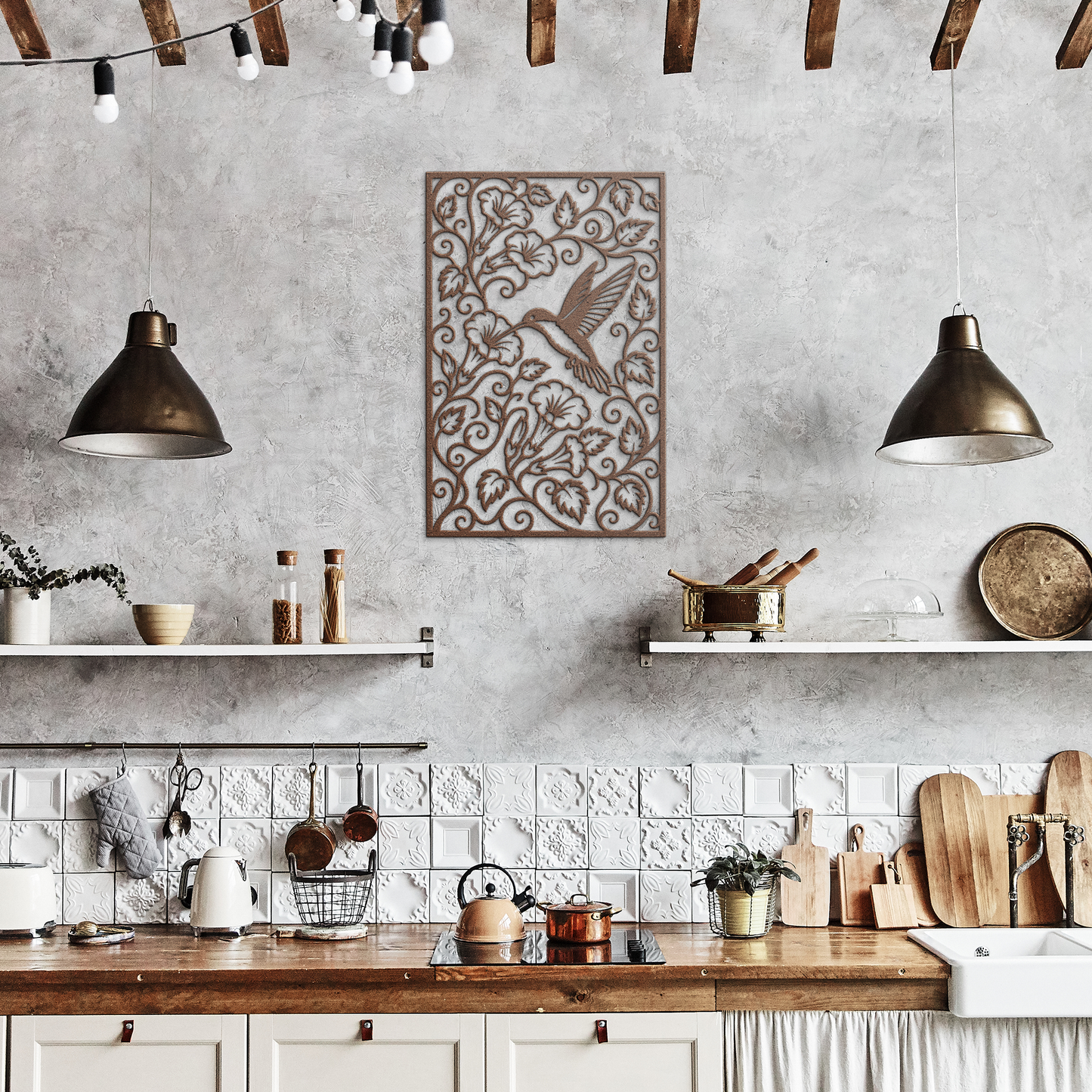 Copper hummingbird trumpet flower metal wall art in rustic kitchen — botanical garden wall decor