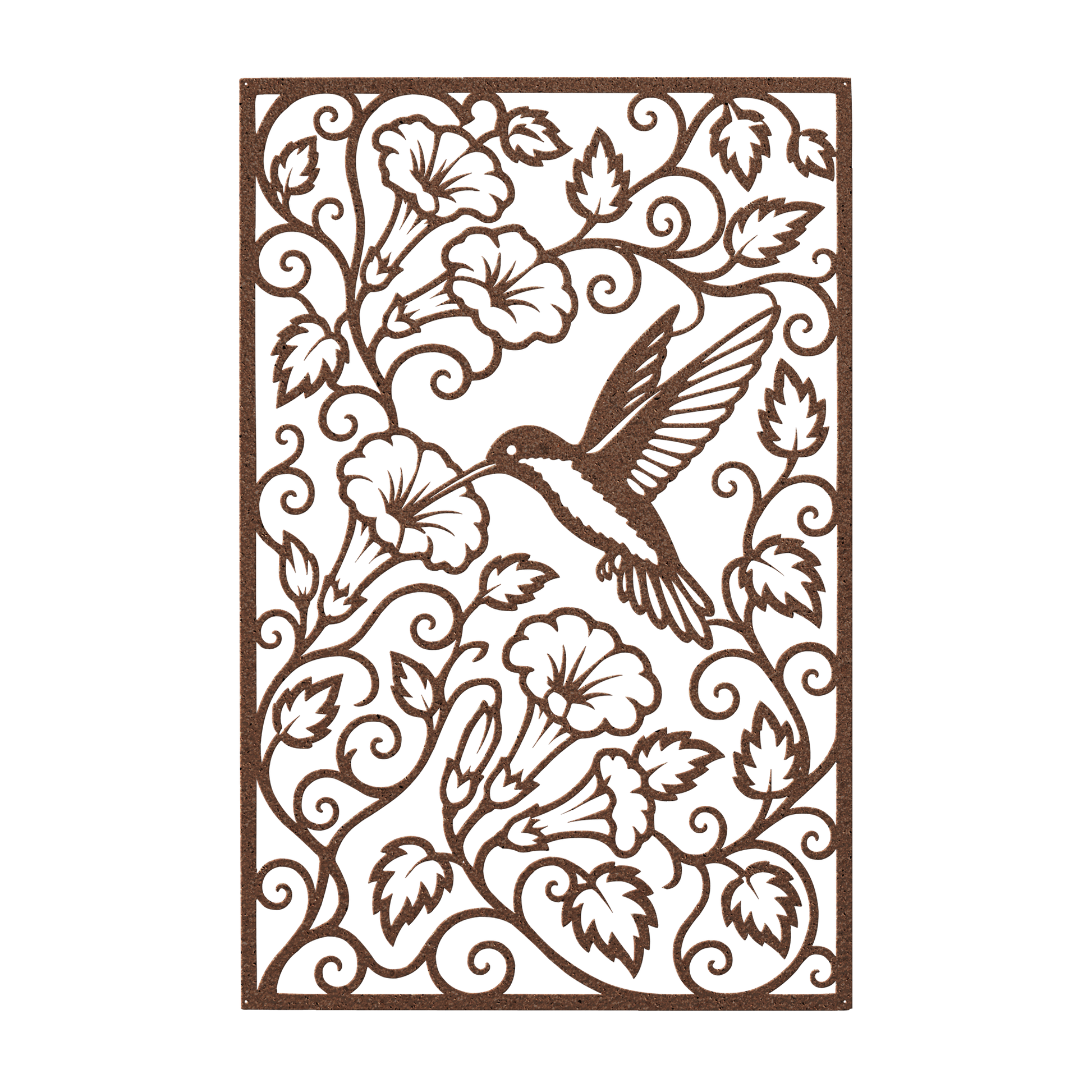 Hummingbird trumpet flower metal wall art in copper — intricate botanical garden panel decor