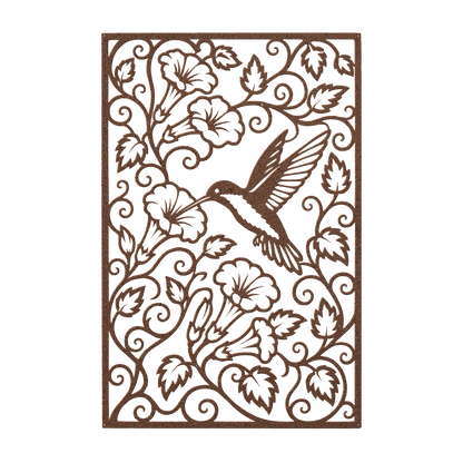 Hummingbird trumpet flower metal wall art in copper — intricate botanical garden panel decor