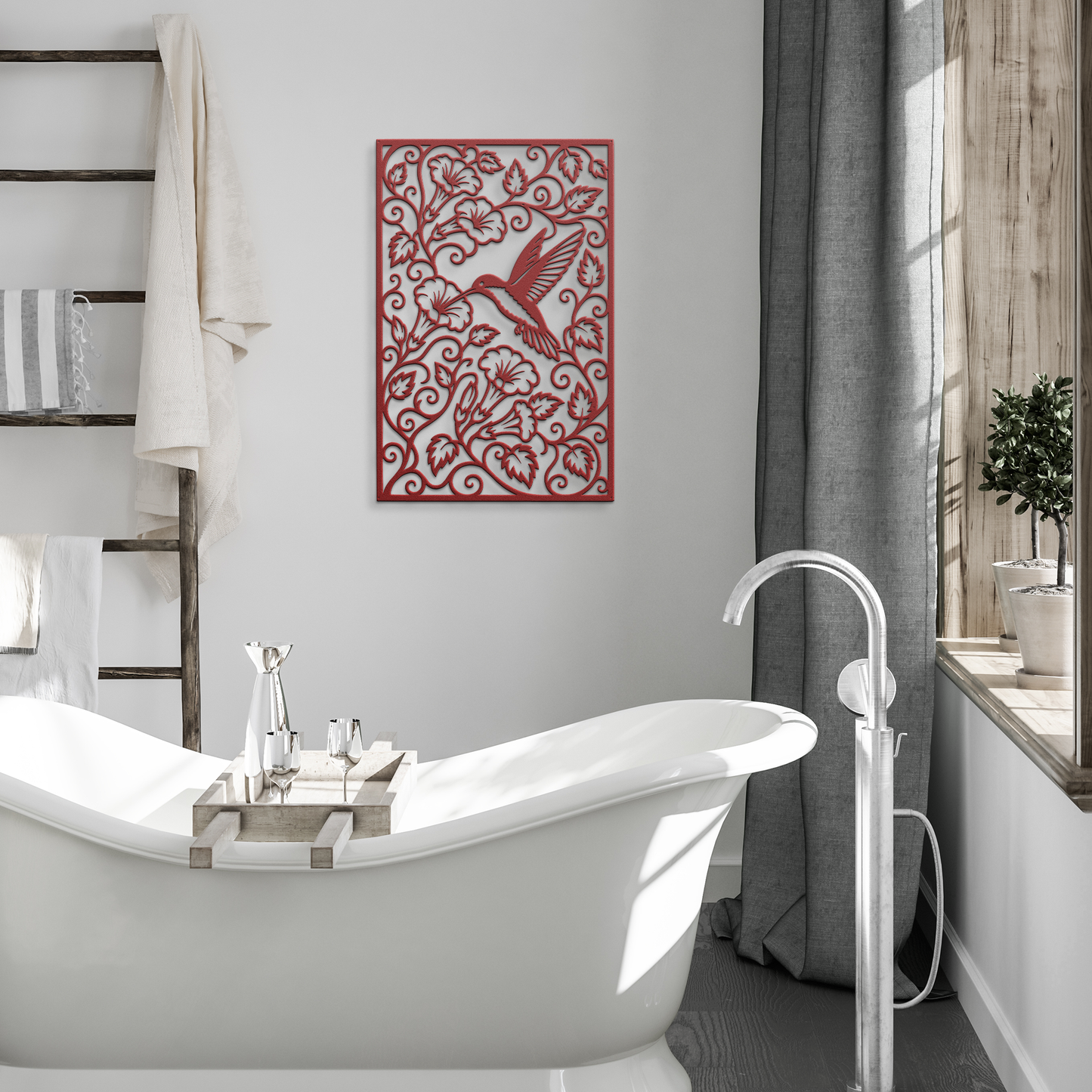 Red hummingbird trumpet flower metal wall art in modern room — botanical garden wall decor