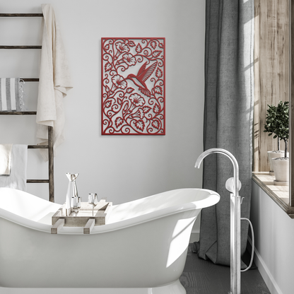 Red hummingbird trumpet flower metal wall art in modern room — botanical garden wall decor