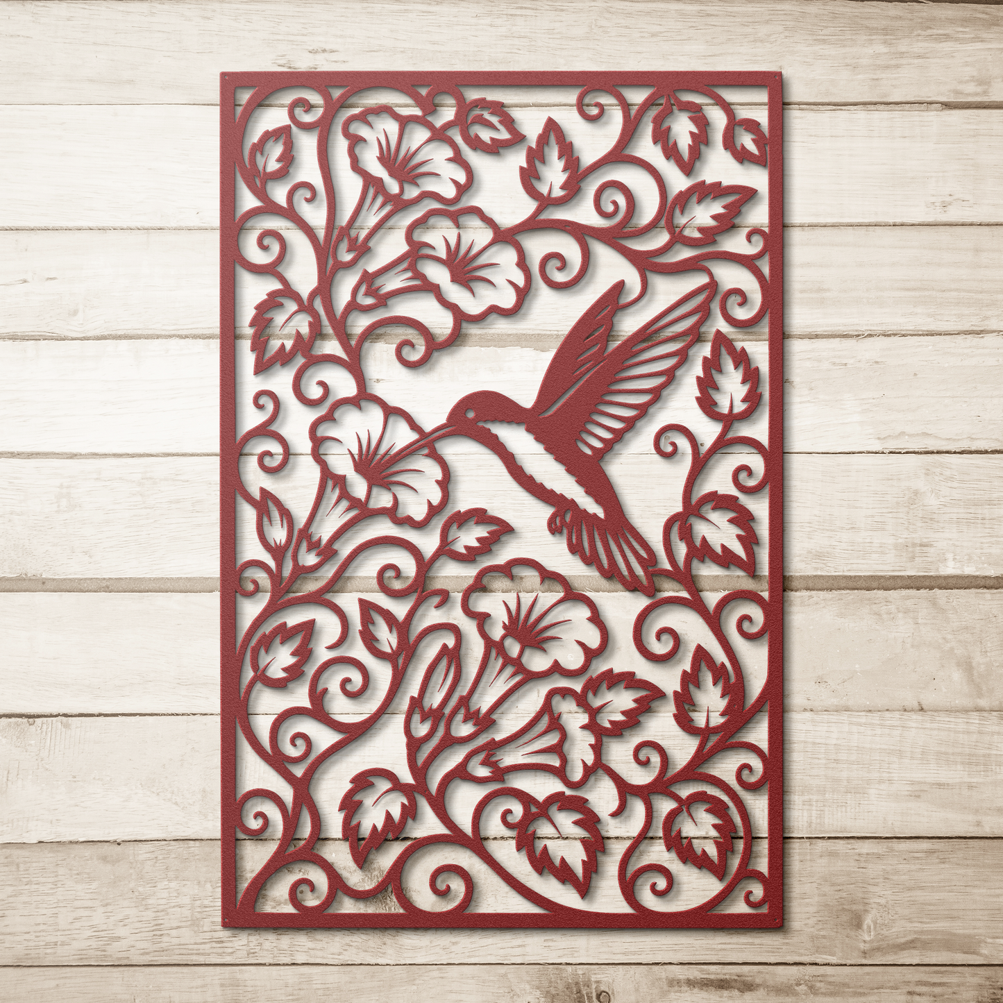 Red hummingbird trumpet flower metal wall art on wood background — botanical garden wall decor