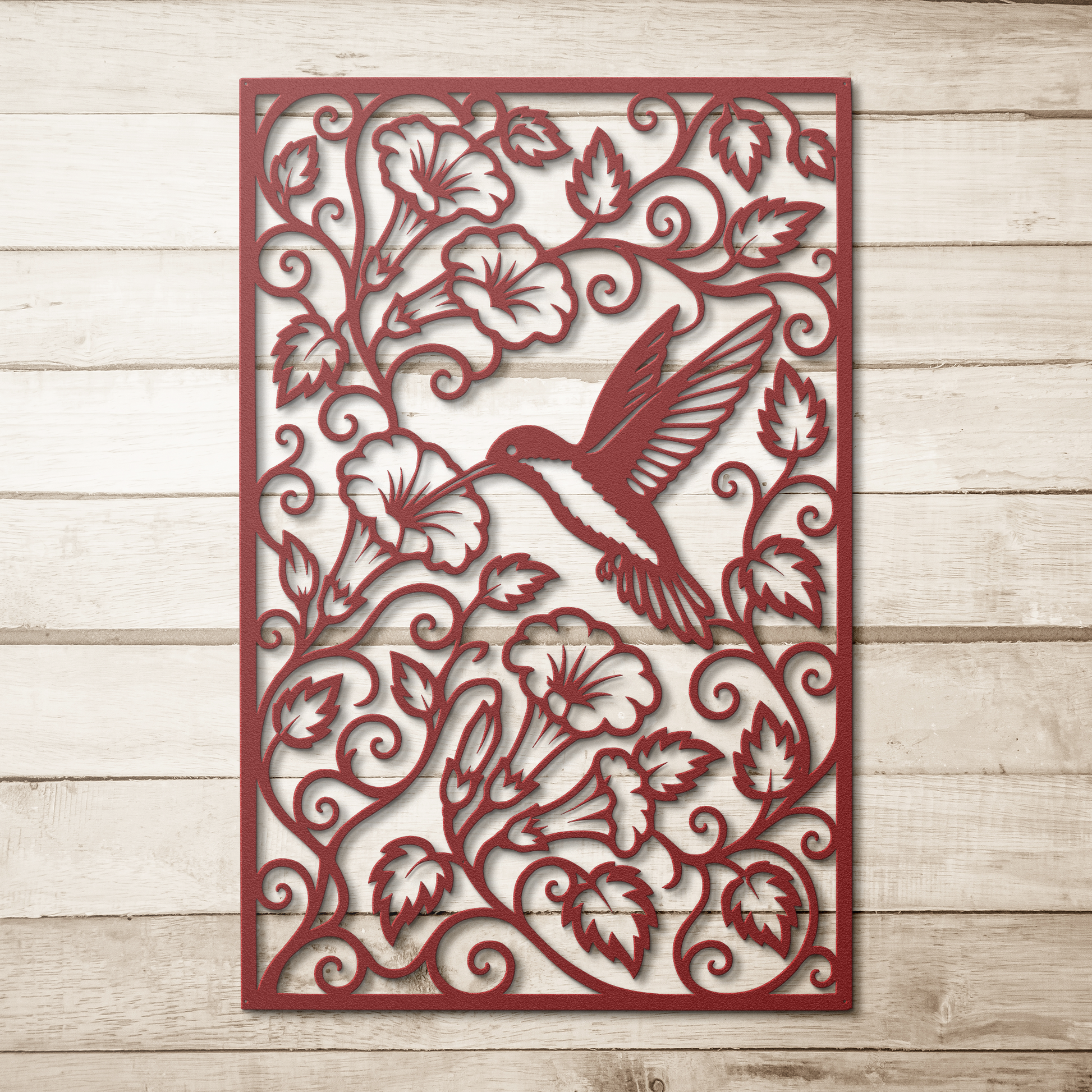 Red hummingbird trumpet flower metal wall art on wood background — botanical garden wall decor
