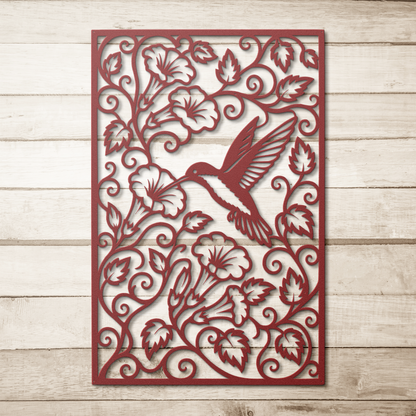 Red hummingbird trumpet flower metal wall art on wood background — botanical garden wall decor