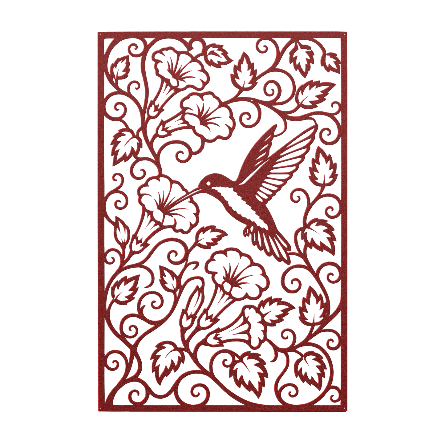 Hummingbird trumpet flower metal wall art in red — intricate botanical garden panel decor