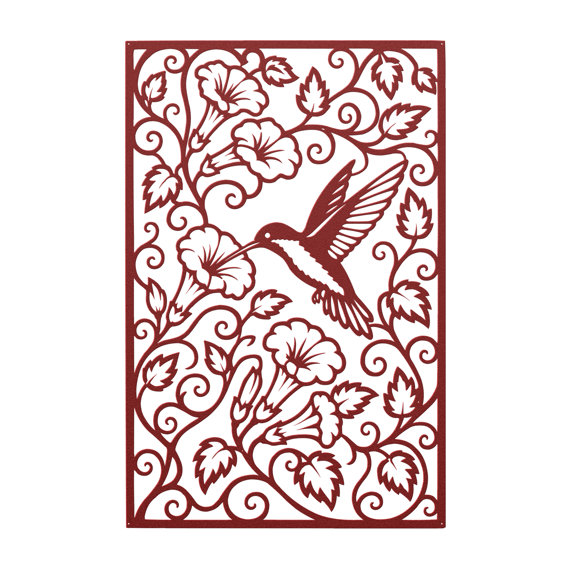 Hummingbird trumpet flower metal wall art in red — intricate botanical garden panel decor
