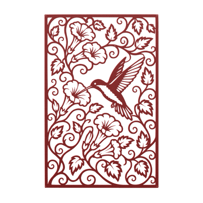 Hummingbird trumpet flower metal wall art in red — intricate botanical garden panel decor
