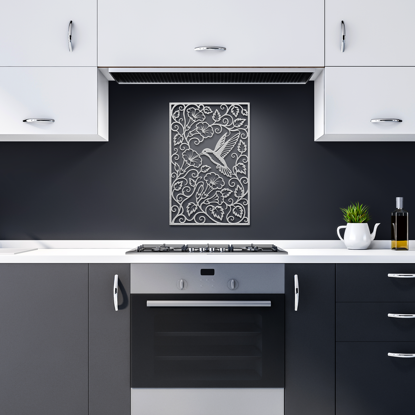 Silver hummingbird trumpet flower metal wall art in dark kitchen — botanical garden wall decor