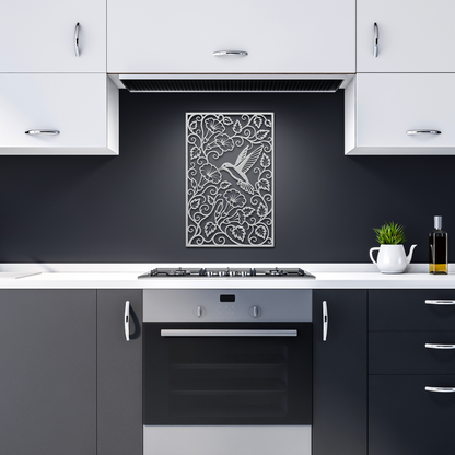 Silver hummingbird trumpet flower metal wall art in dark kitchen — botanical garden wall decor