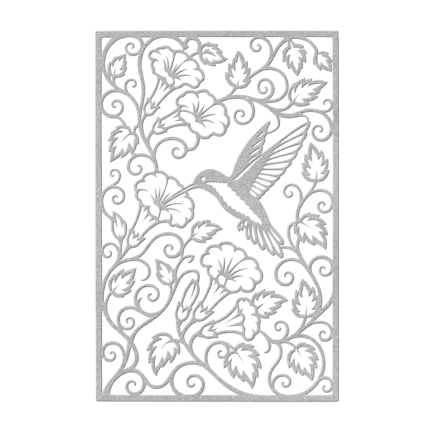 Hummingbird trumpet flower metal wall art in silver — intricate botanical garden panel decor