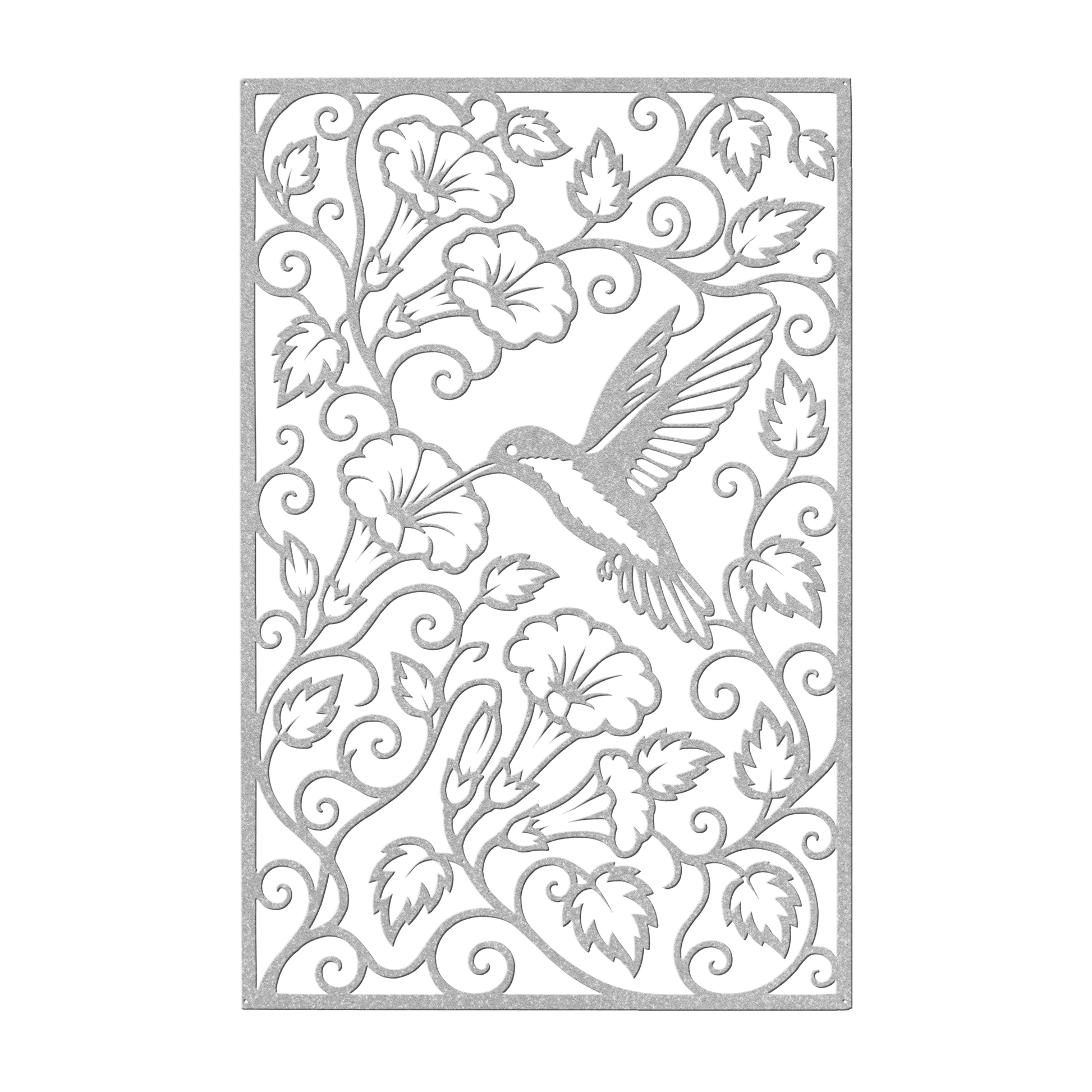 Hummingbird trumpet flower metal wall art in silver — intricate botanical garden panel decor