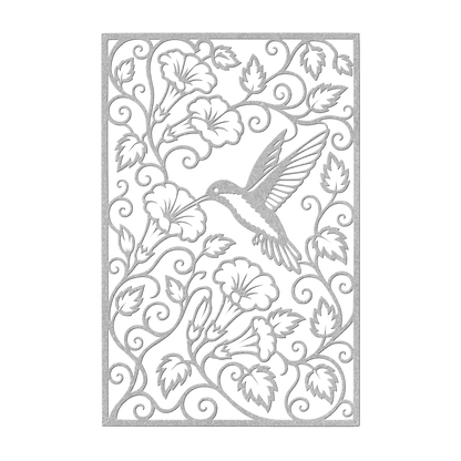 Hummingbird trumpet flower metal wall art in silver — intricate botanical garden panel decor