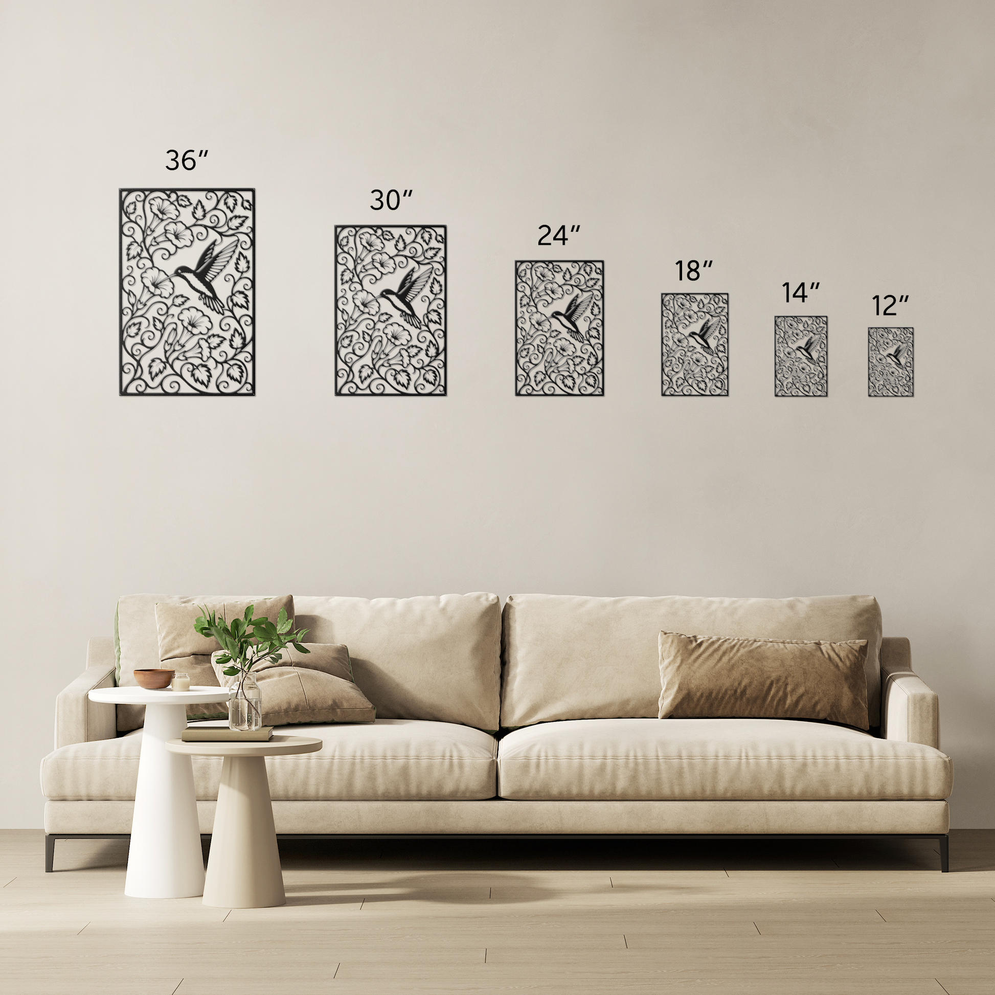 Hummingbird trumpet flower metal wall art size comparison — 12 to 36 inch options