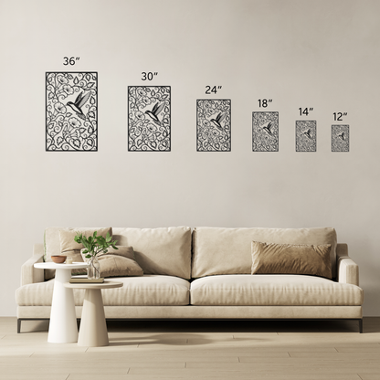 Hummingbird trumpet flower metal wall art size comparison — 12 to 36 inch options