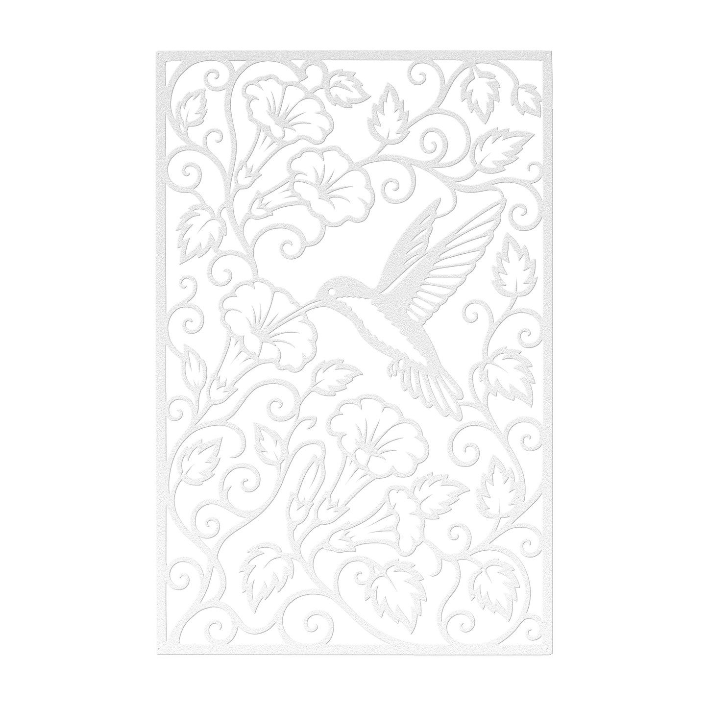 Hummingbird trumpet flower metal wall art in white — intricate botanical garden panel decor