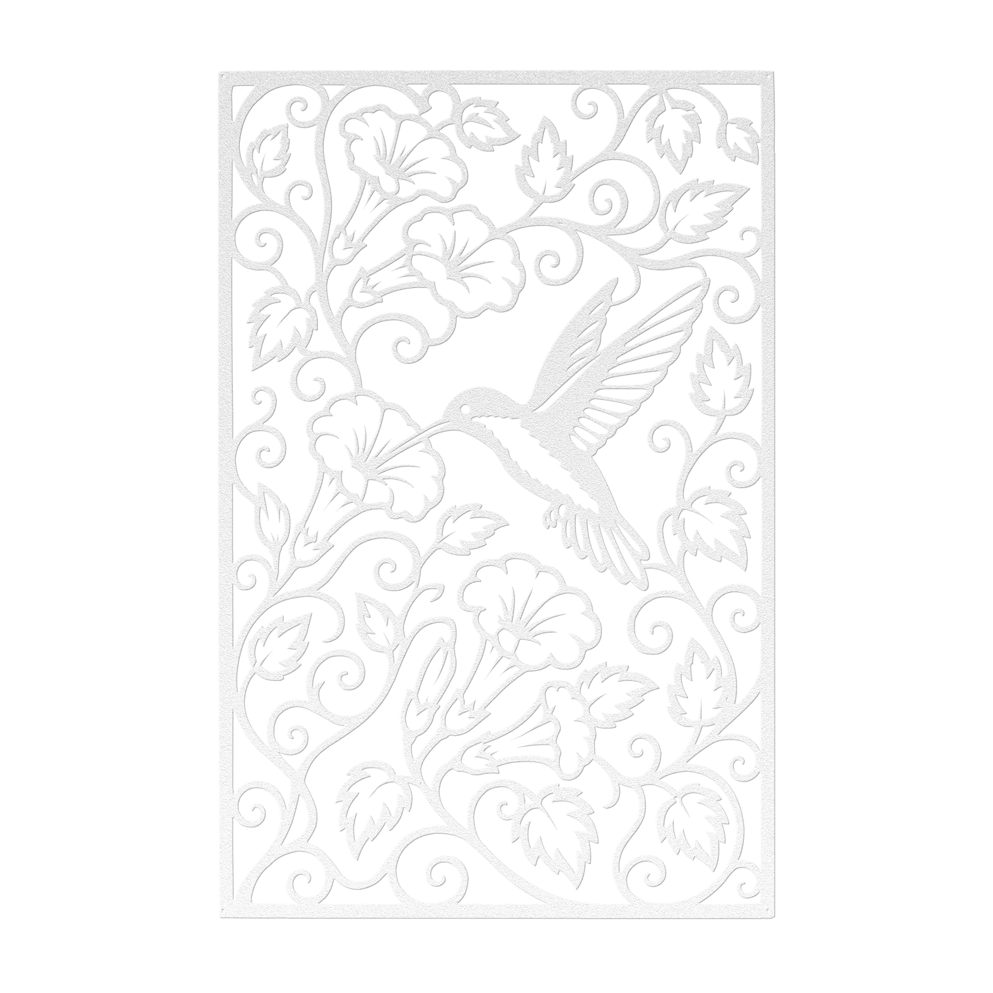 Hummingbird trumpet flower metal wall art in white — intricate botanical garden panel decor