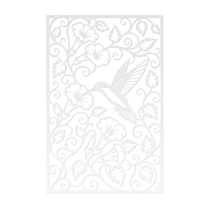 Hummingbird trumpet flower metal wall art in white — intricate botanical garden panel decor
