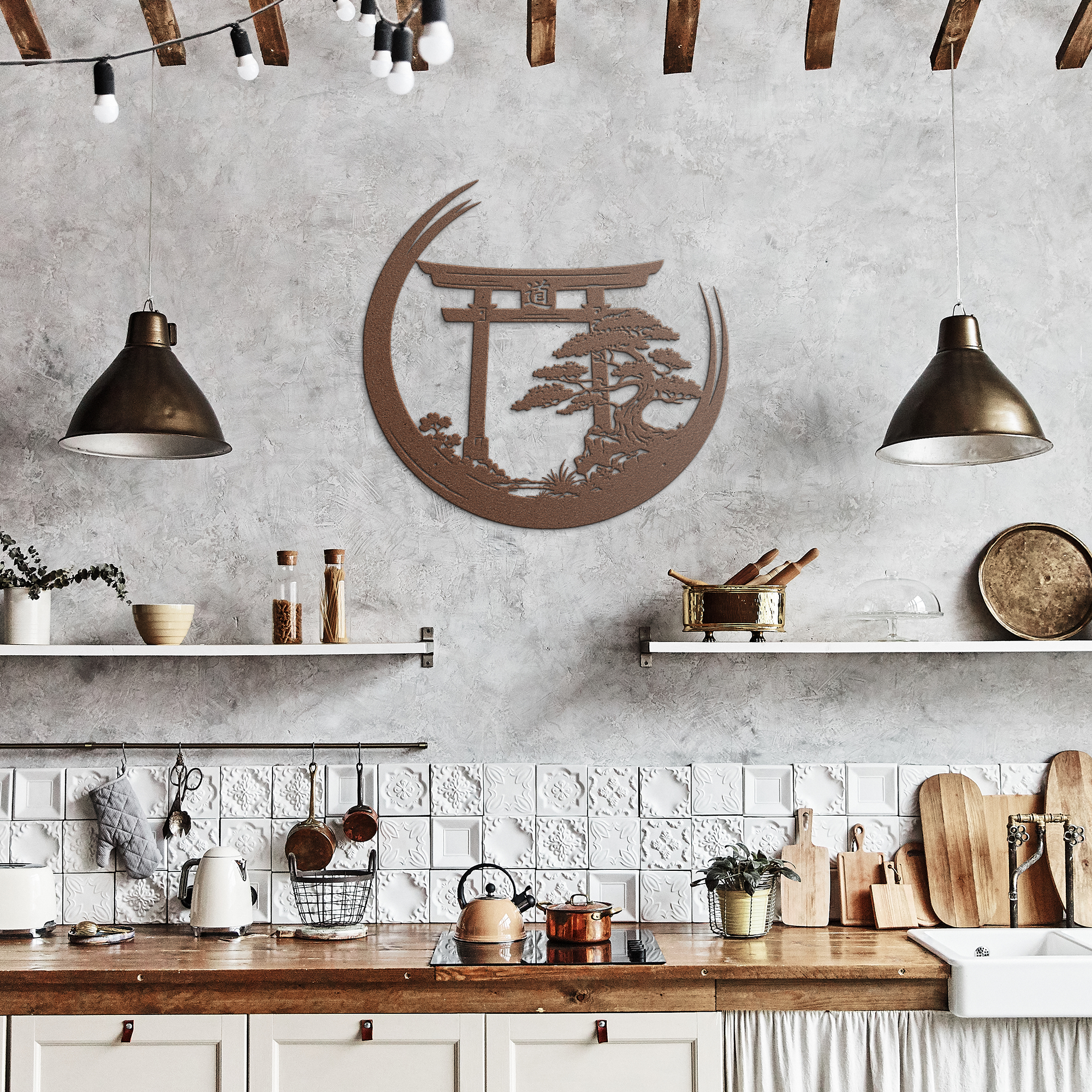 Japanese torii gate metal wall art with bonsai tree design. Zen-inspir ...