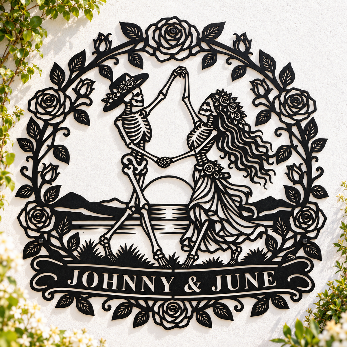 Custom dancing skeleton couple sign — personalized names, Day of the Dead pair in a rose wreath, plasma-cut steel