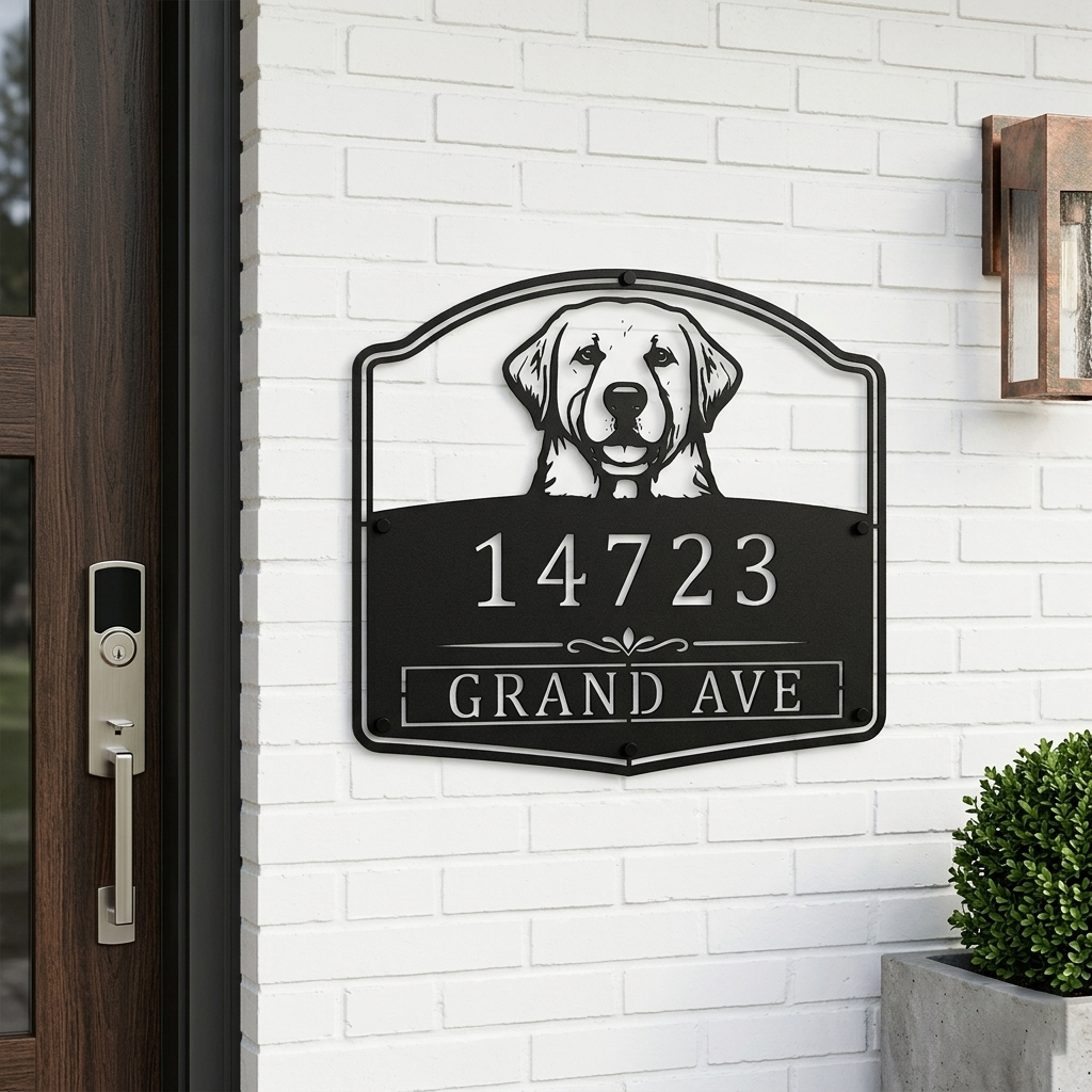 Labrador Retriever metal address sign with custom house number
