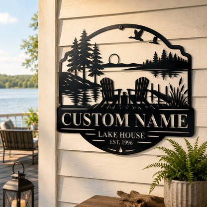 Custom lake house sign — personalized duck lake scene with family name in plasma-cut steel