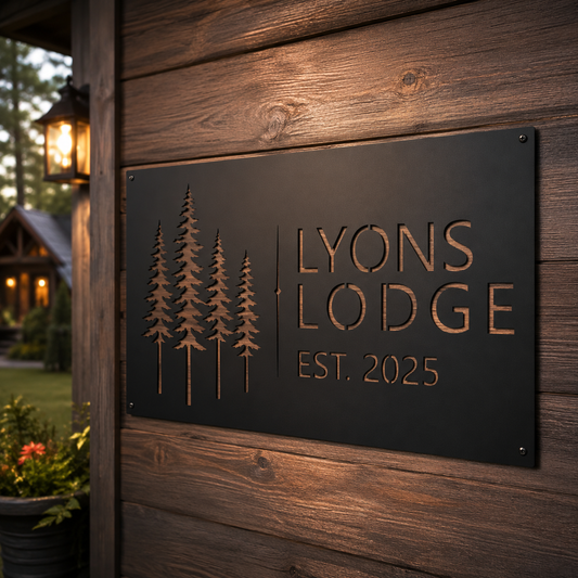 Custom lodge sign — personalized pine tree cabin name in plasma-cut steel